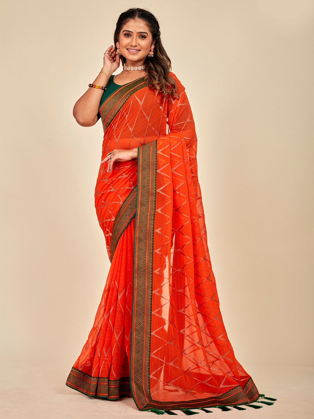 

MAHALASA Embellished Embroidered Pure Georgette Designer Saree, Orange