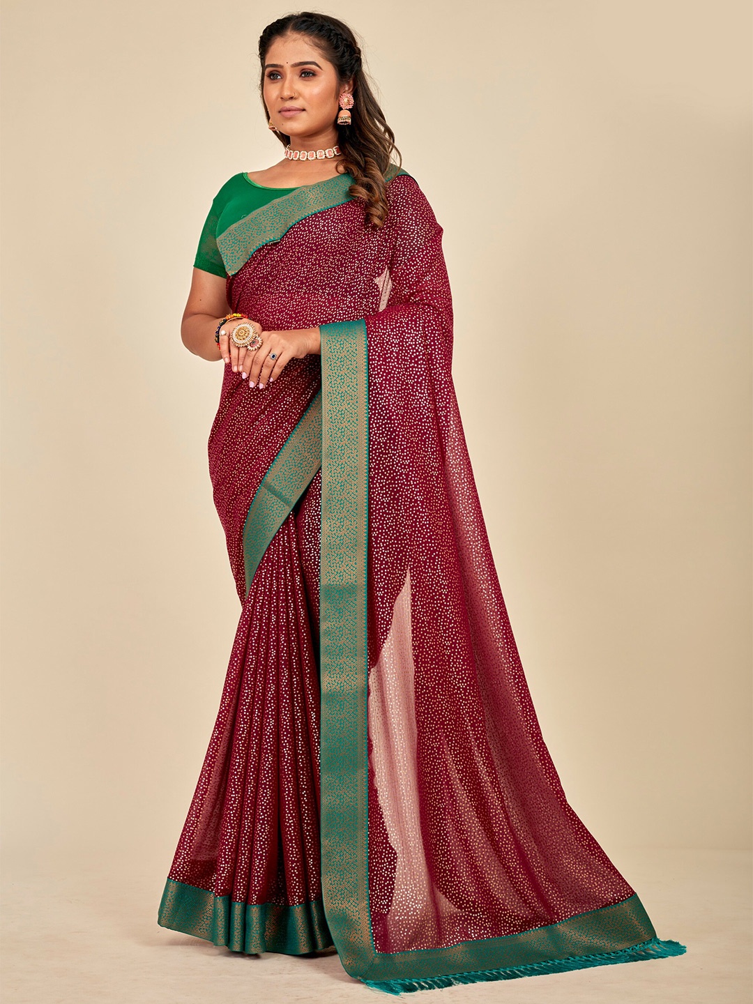 

MAHALASA Woven Design Sequinned Embellished Embroidered Designer Saree, Maroon