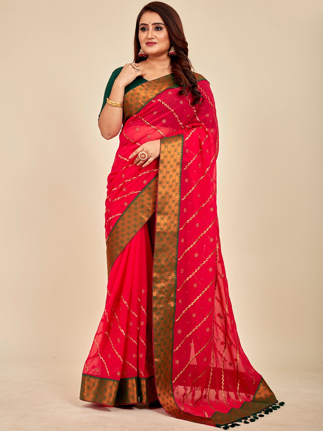 

MAHALASA Leheriya Embroidered Beads and Stones Art Silk Saree, Red