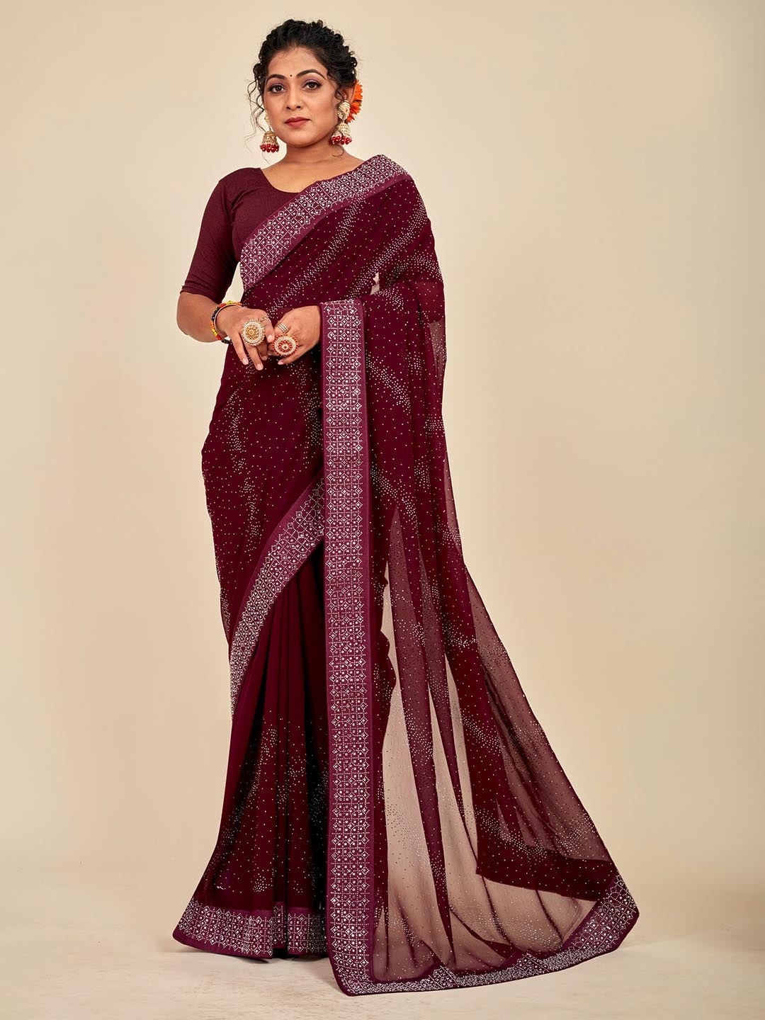 

MAHALASA Embellished Pure Georgette Saree, Maroon