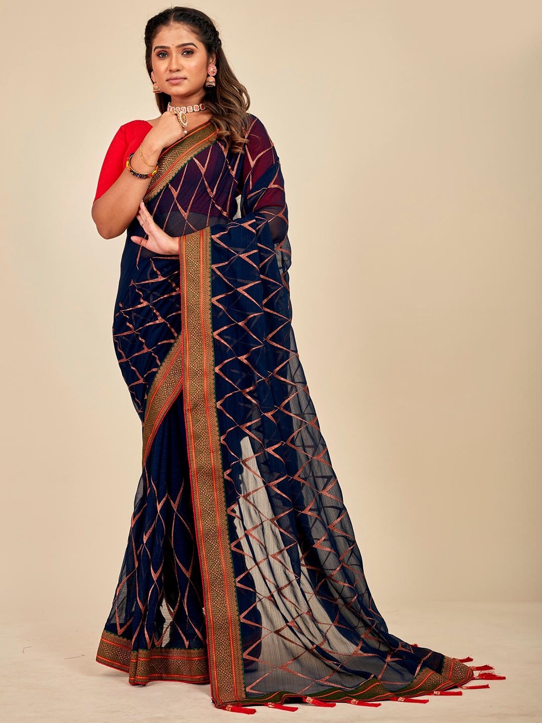 

MAHALASA Embellished Embroidered Pure Georgette Saree, Navy blue
