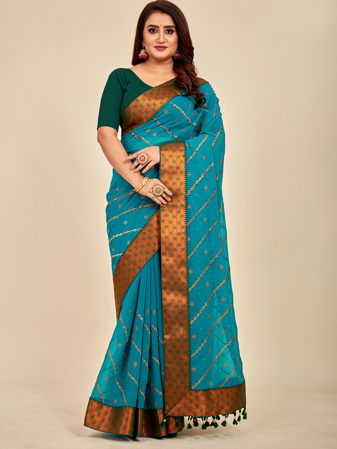 

MAHALASA Woven Design Ethnic Motifs Zari Embellished Embroidered Saree, Teal