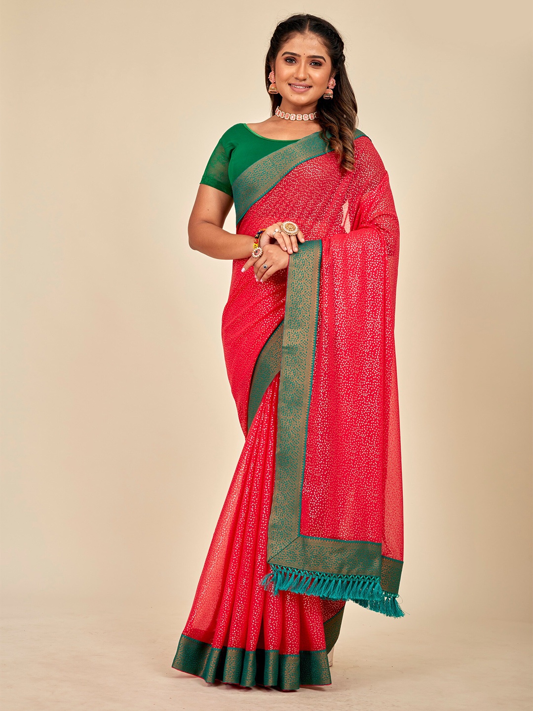 MAHALASA Embellished Saree, Red