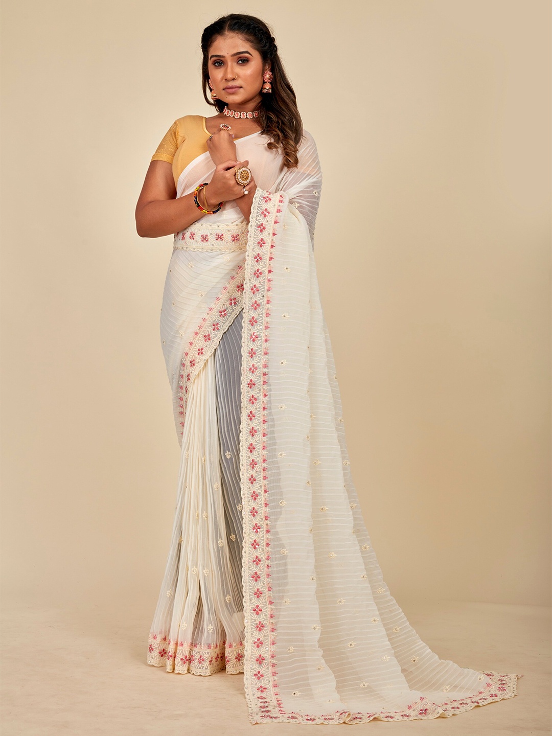 

MAHALASA Embellished Embroidered Poly Chiffon Designer Saree, Off white