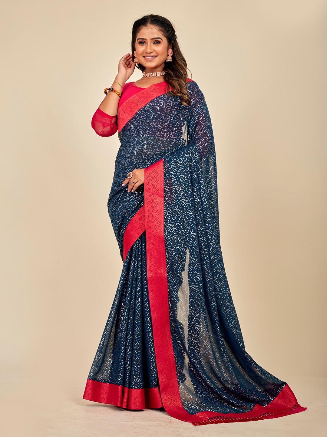 MAHALASA Sequinned Embellished Saree, Navy blue