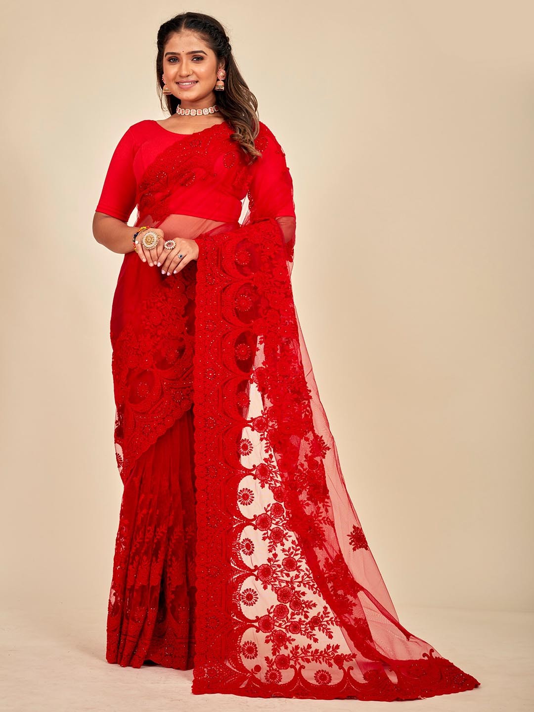 

MAHALASA Ethnic Motifs Embroidered Saree, Red