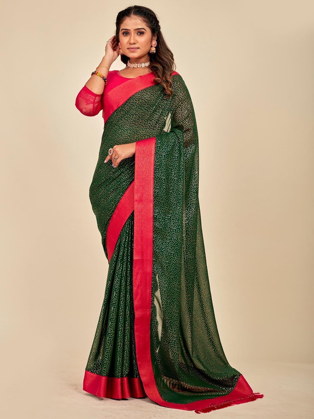 

MAHALASA Embellished Embroidered Designer Saree, Olive