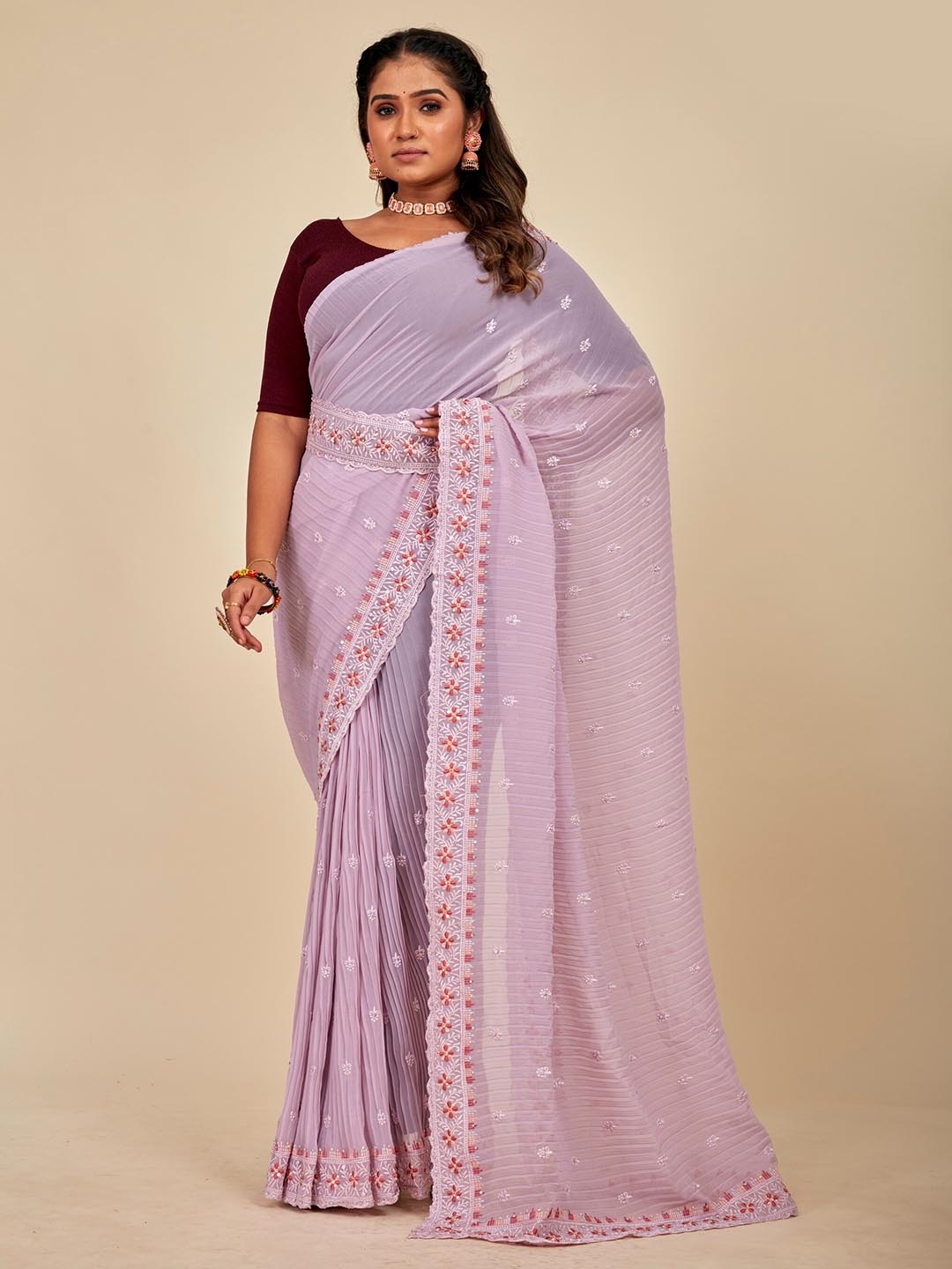 

MAHALASA Embellished Embroidered Poly Chiffon Designer Saree, Lavender