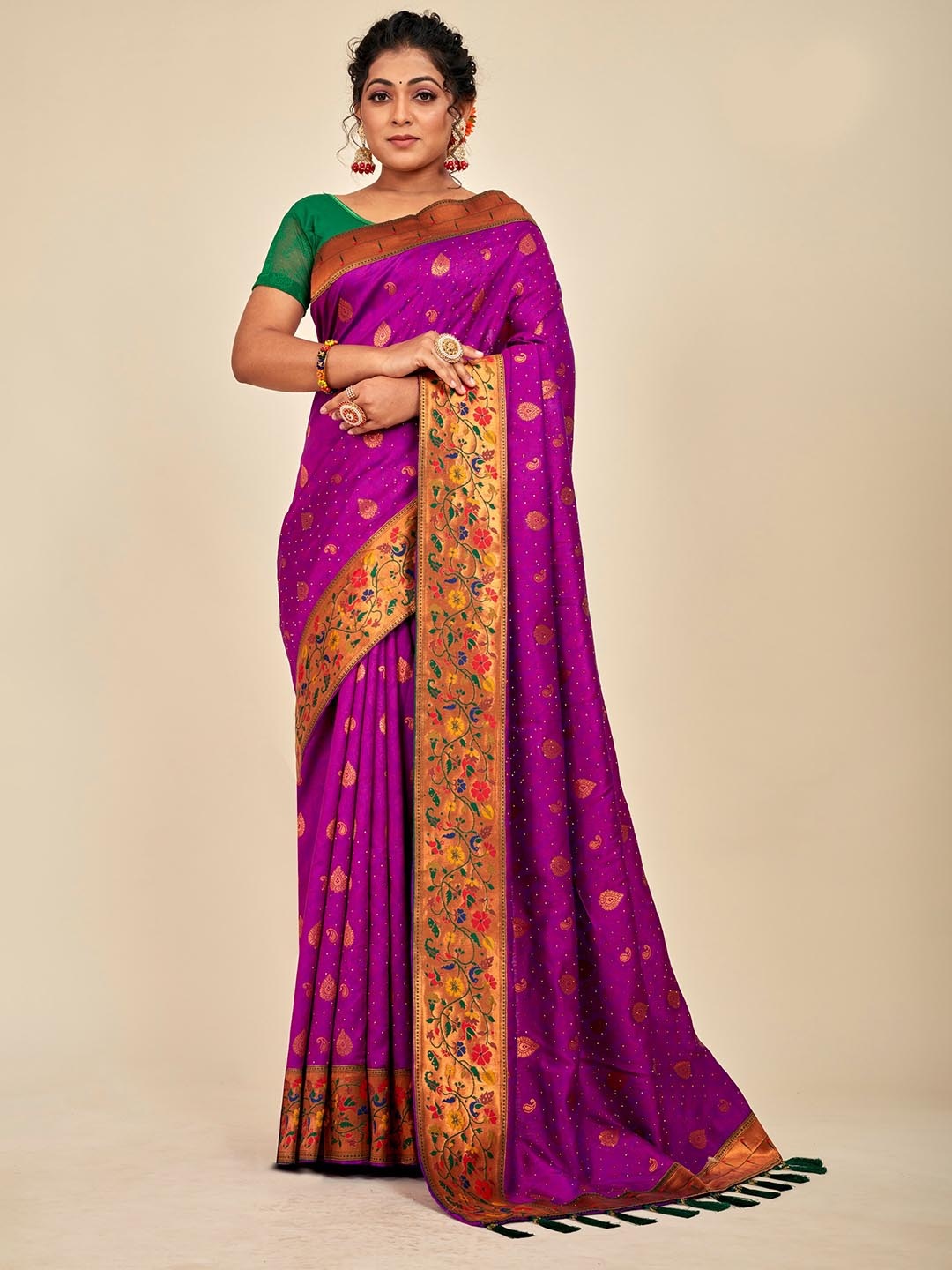 

MAHALASA Paisley Woven Design Zari Silk Cotton Saree, Purple