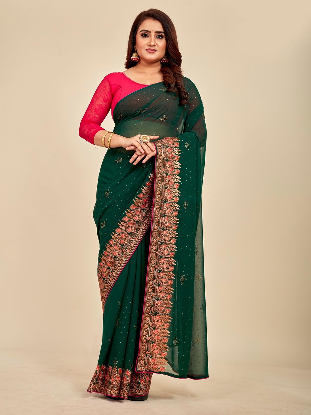 

MAHALASA Embellished Embroidered Pure Georgette Designer Saree, Green
