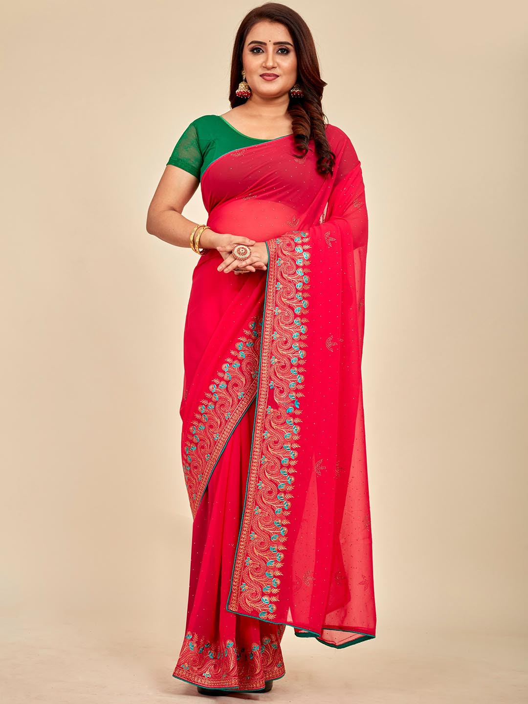

MAHALASA Embroidered Pure Georgette Saree, Pink