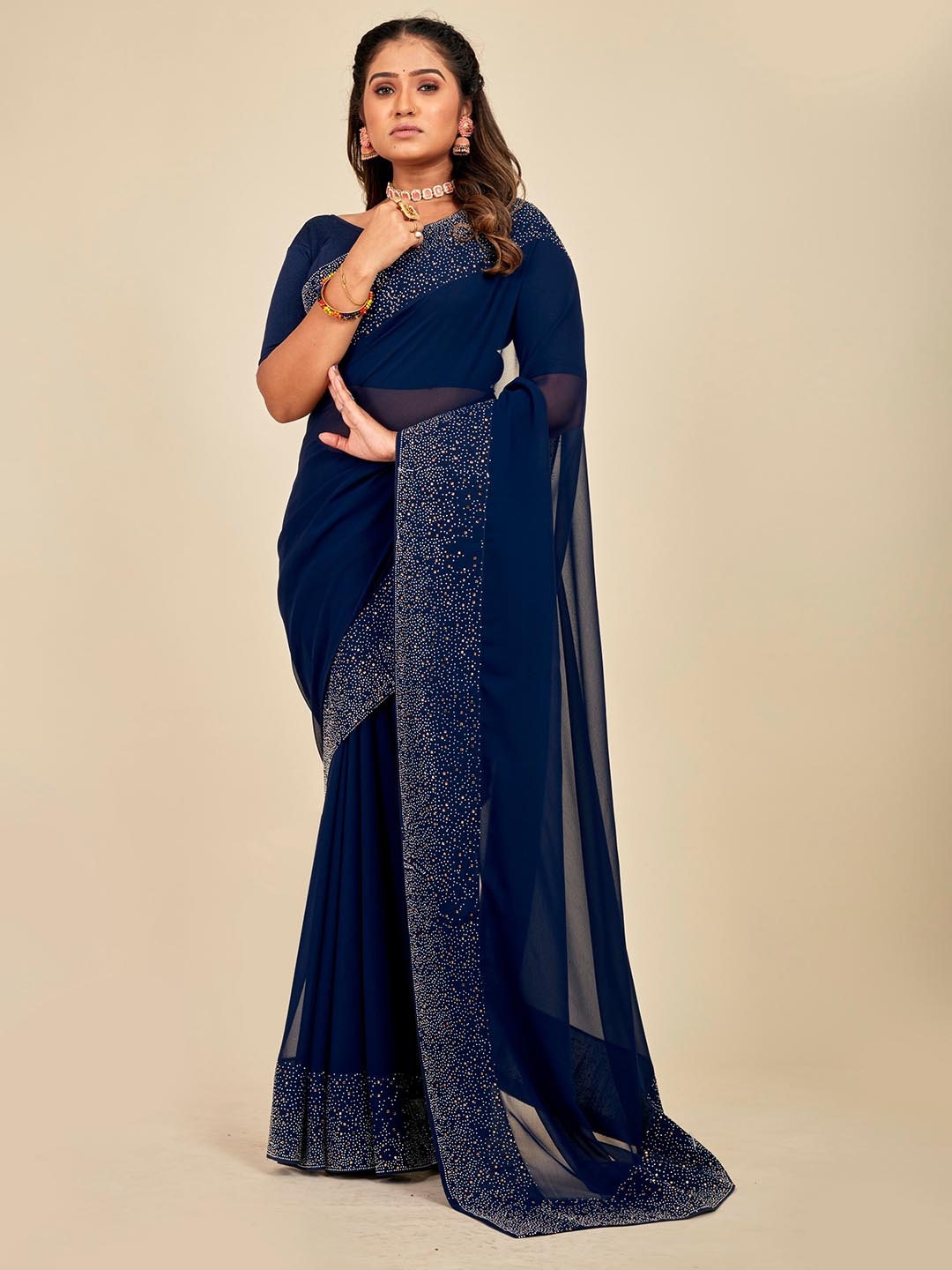 

MAHALASA Embellished Solid Saree, Navy blue