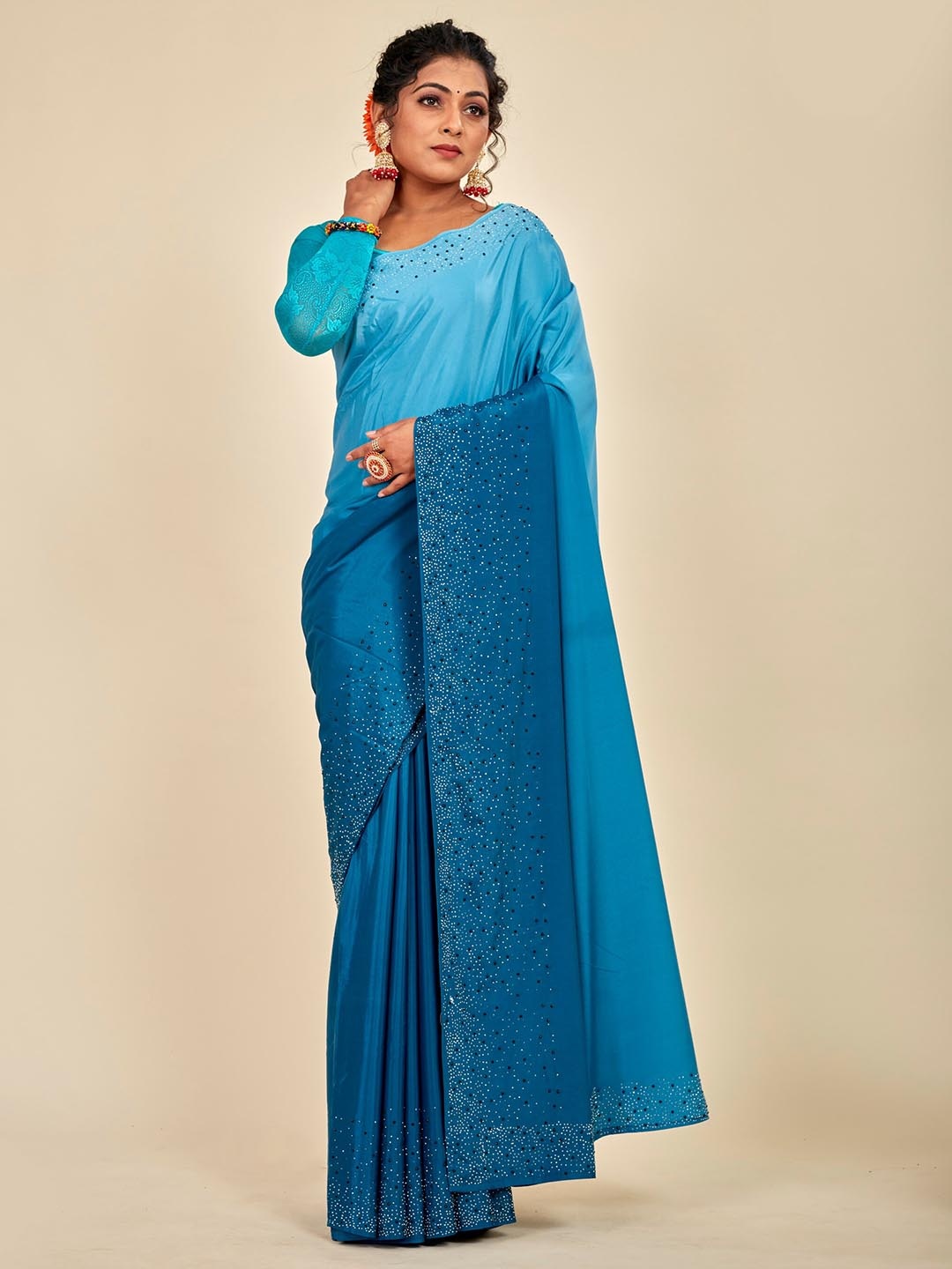 

MAHALASA Stones Studded Silk Cotton Saree, Blue