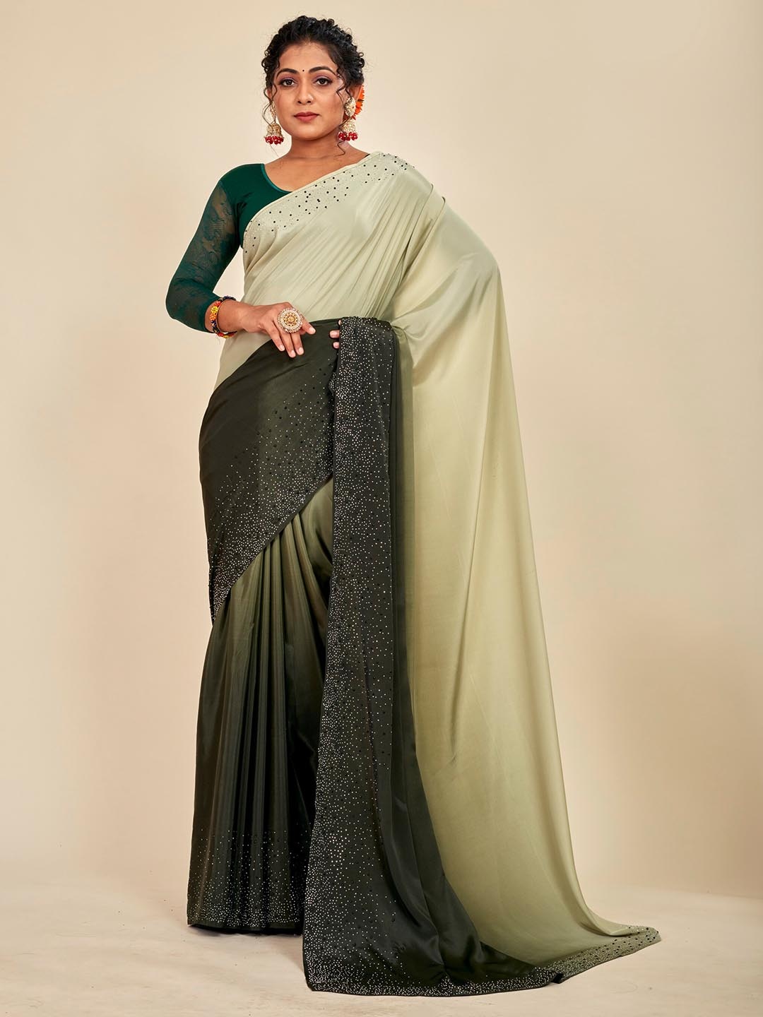 

MAHALASA Embellished Embroidered Silk Cotton Designer Saree, Olive