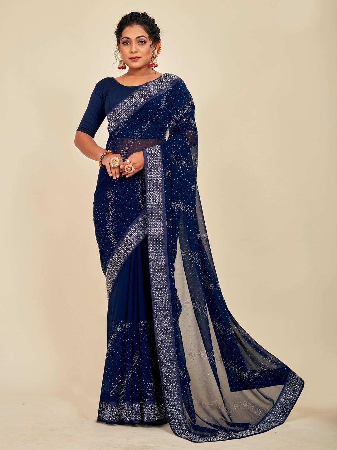 

MAHALASA Embellished Embroidered Pure Georgette Saree, Navy blue