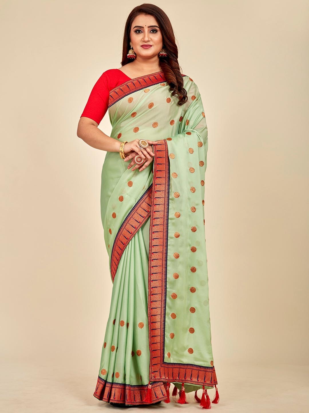 

MAHALASA Geometric Embellished Saree, Lime green