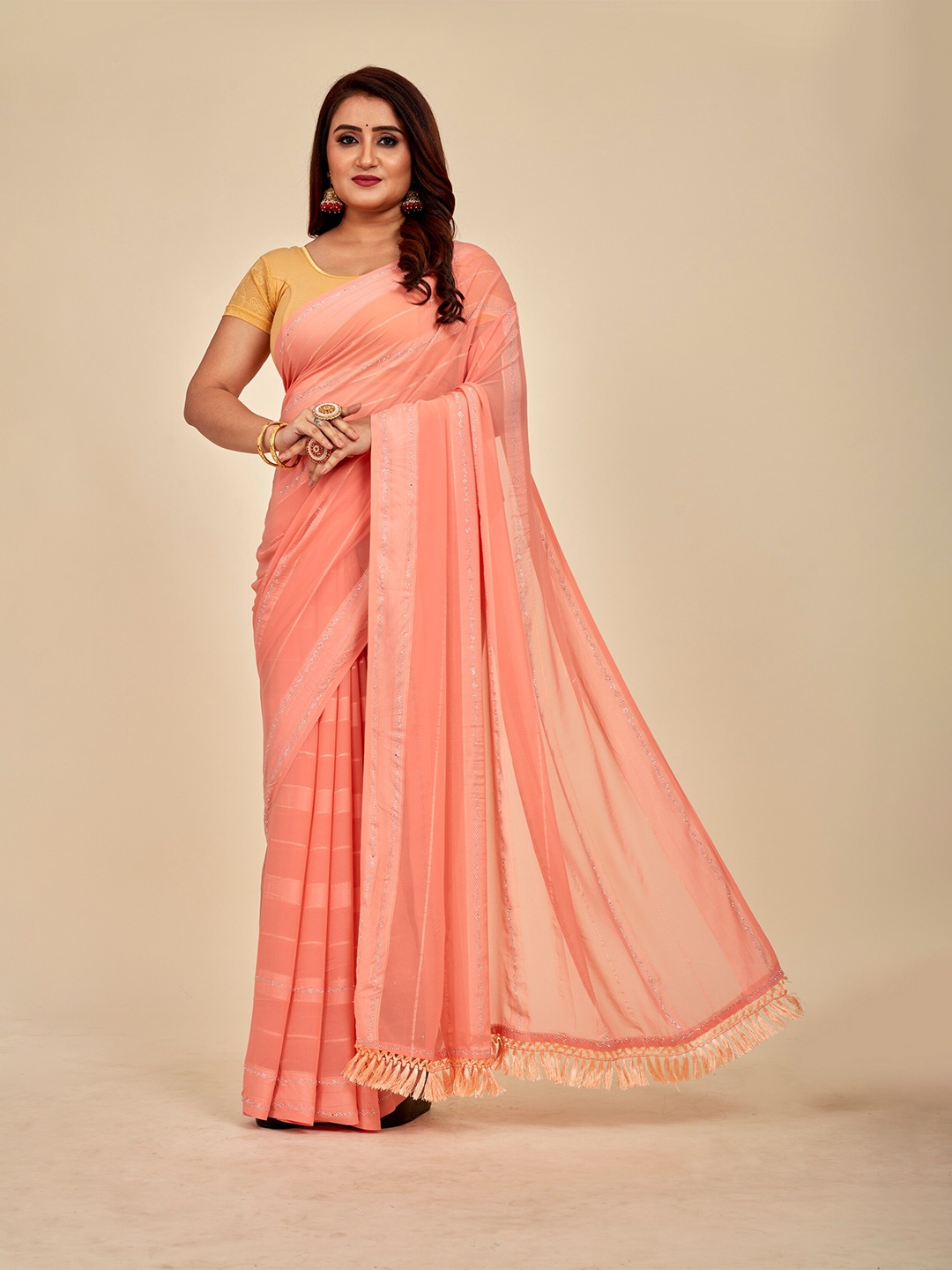 

MAHALASA Embellished Beads and Stones Silk Blend Saree, Peach