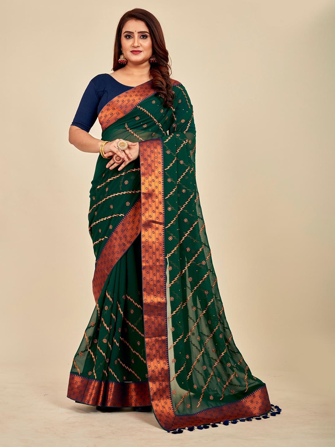 

MAHALASA Ethnic Motifs Embellished Embroidered Art Silk Saree, Olive