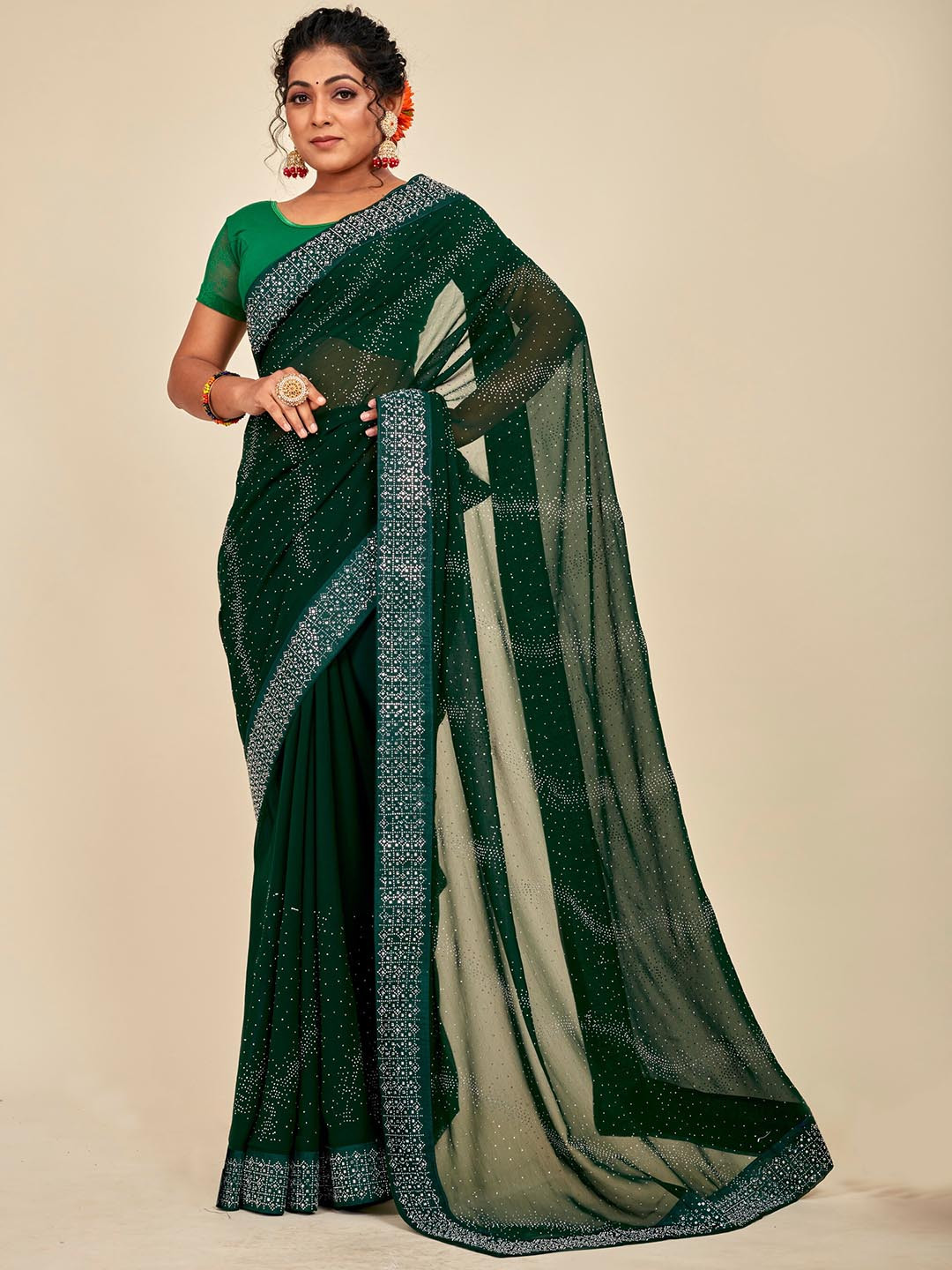 

MAHALASA Embroidered Pure Georgette Saree, Green
