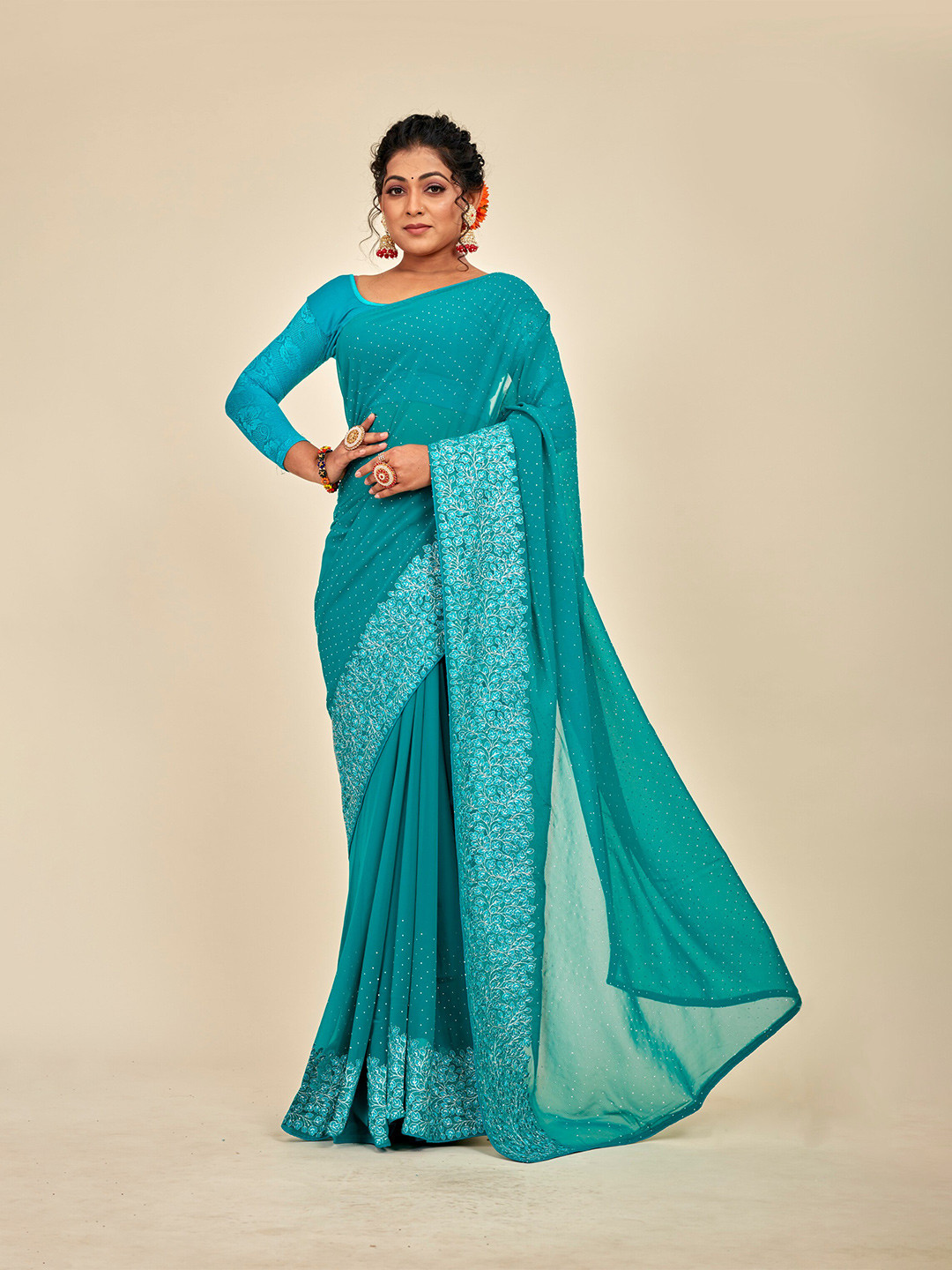 

MAHALASA Embellished Art Silk Designer Saree, Teal