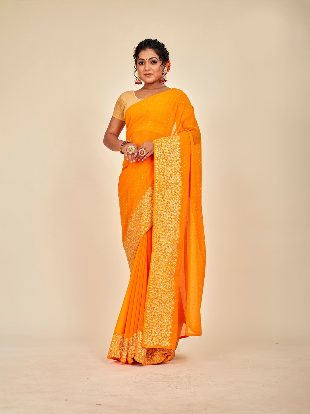 MAHALASA Embellished Embroidered Art Silk Designer Saree, Yellow