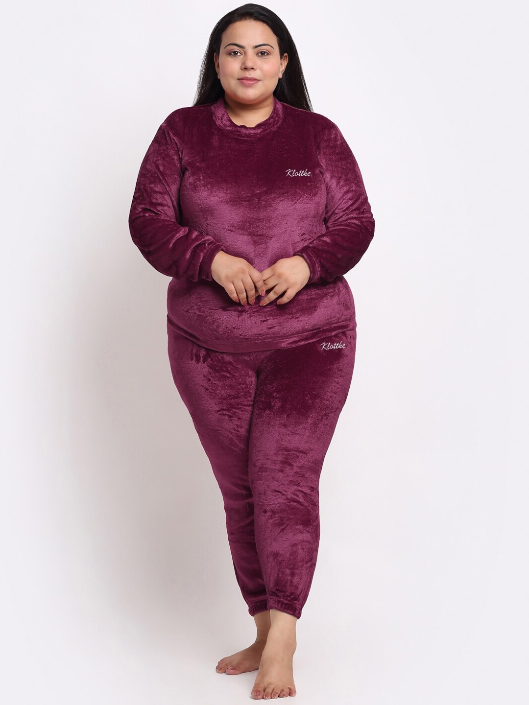 

KLOTTHE Women Plus Size Solid Woollen Night Suit, Maroon