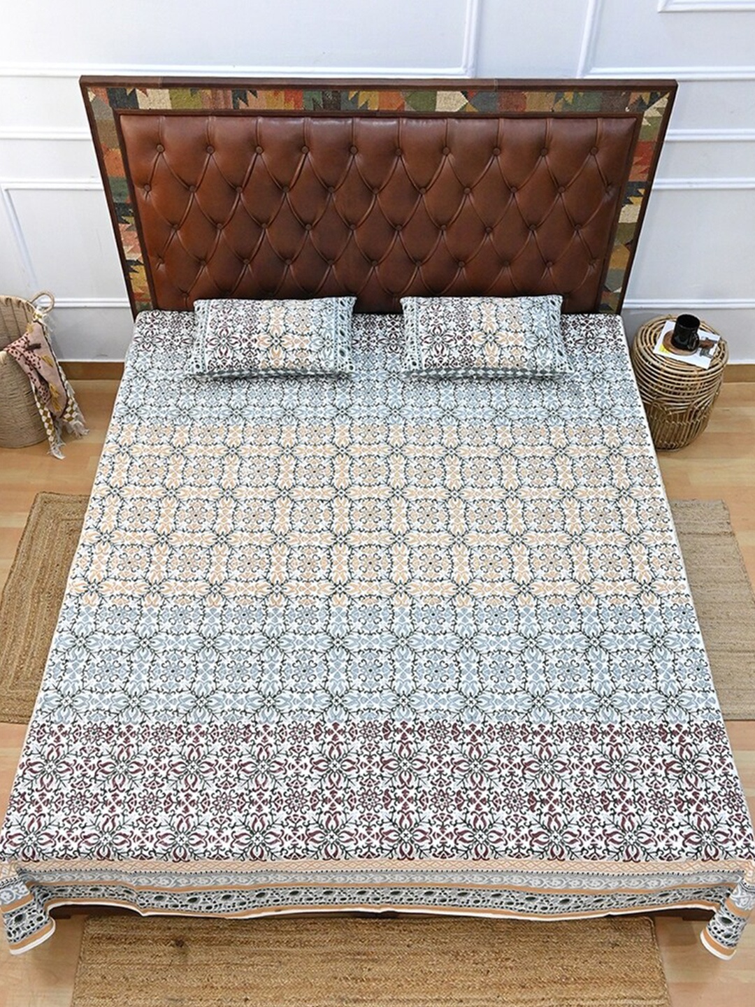 

Art Avenue Blue & Brown Floral Cotton 120 TC Crib Bedsheet With 2 Pillow Covers