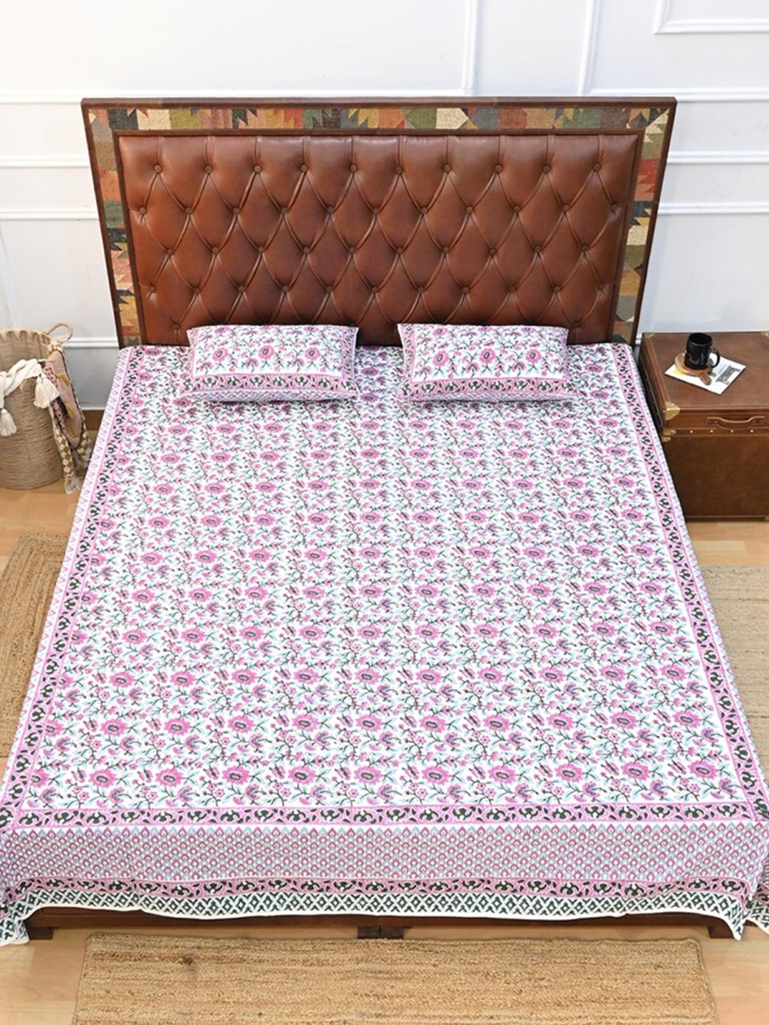 

Art Avenue White & Pink Floral Cotton 120 TC Crib Bedsheet with 2 Pillow Covers