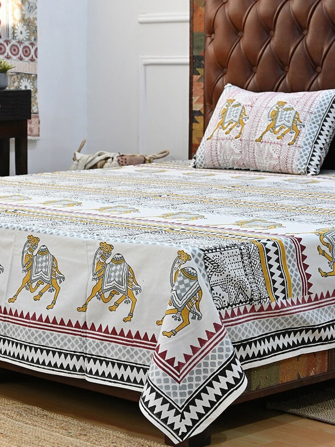 

Art Avenue White & Mustard Ethnic Motifs Cotton 120 TC Crib Bedsheet With 2 Pillow Covers