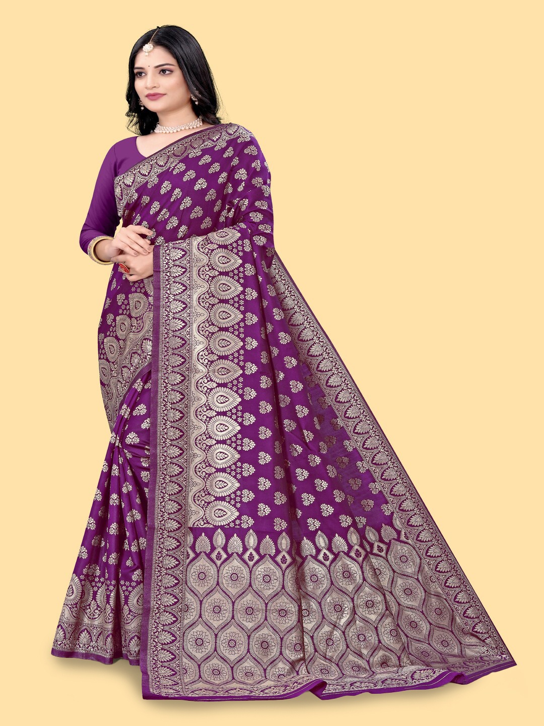 

faxofab Woven Design Ethnic Motifs Pure Silk Designer Banarasi Saree, Purple