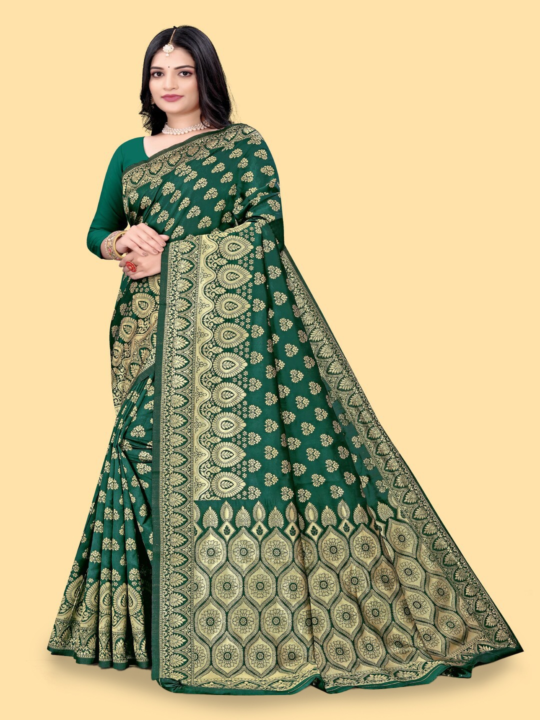

faxofab Woven Design Ethnic Motifs Pure Silk Designer Banarasi Saree, Green