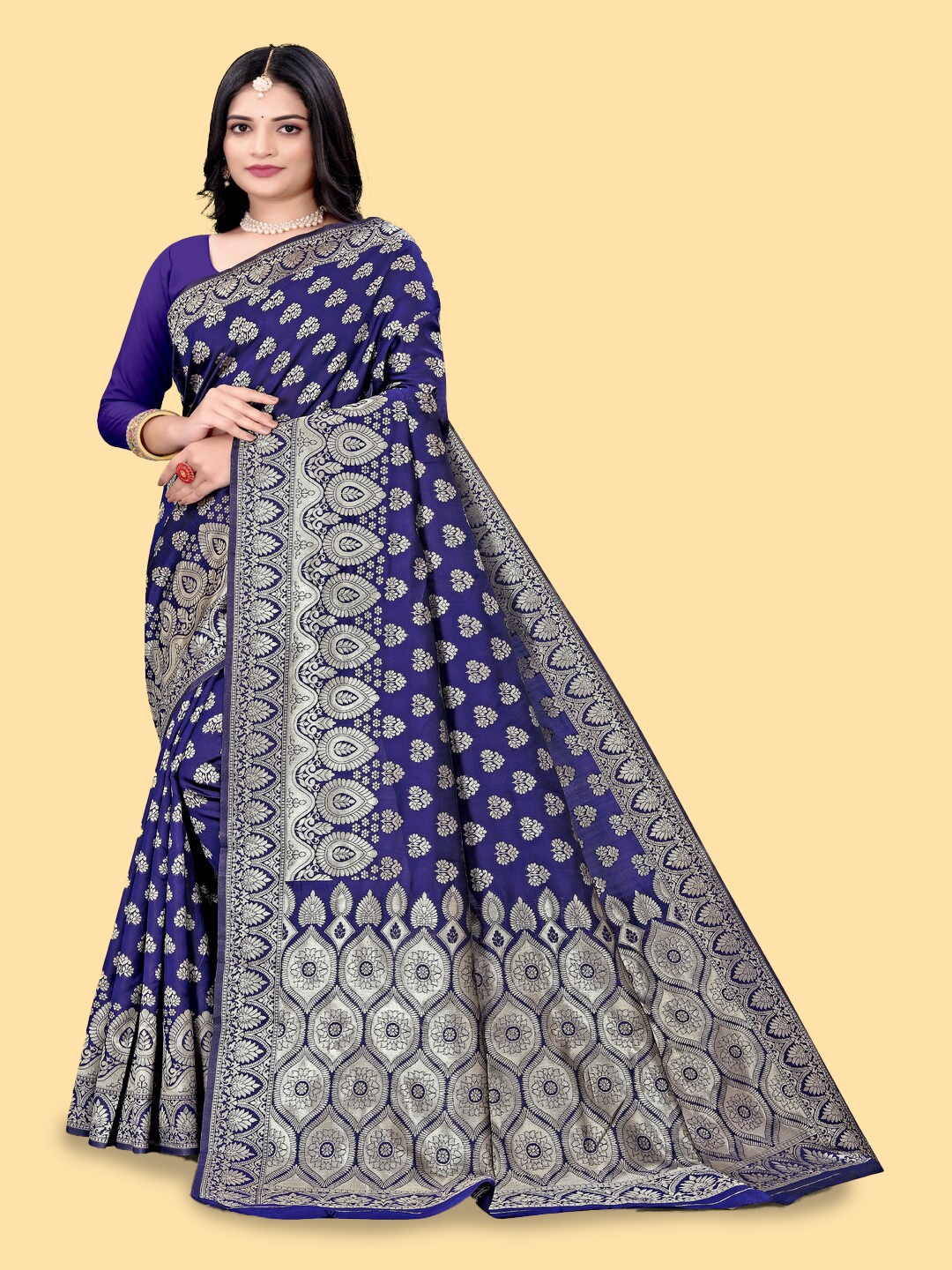 

faxofab Woven Design Ethnic Motifs Pure Silk Designer Banarasi Saree, Navy blue