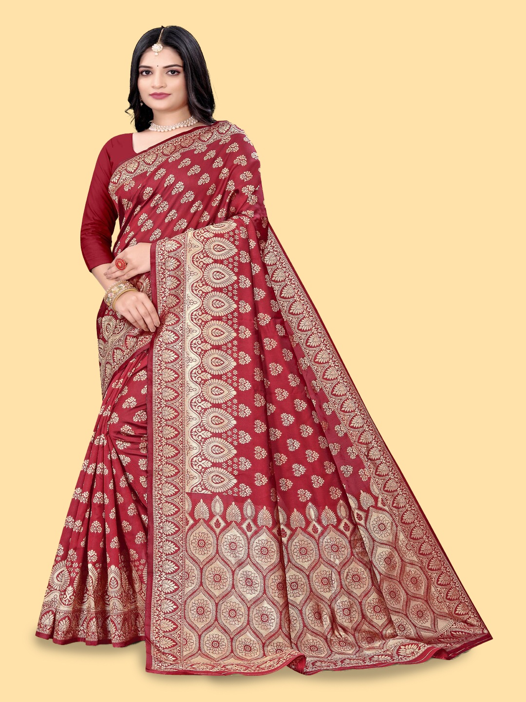 

faxofab Woven Design Ethnic Motifs Pure Silk Designer Banarasi Saree, Maroon