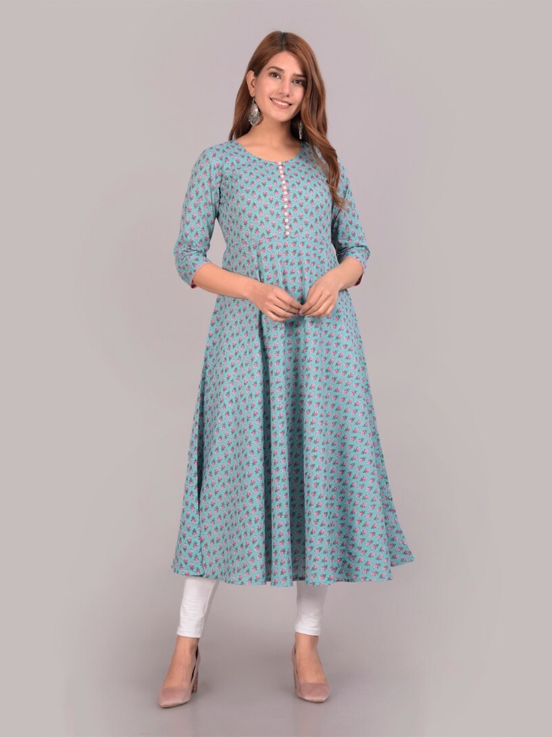 

KALINI Floral Printed Regular Round Neck Anarkali Kurta, Turquoise blue