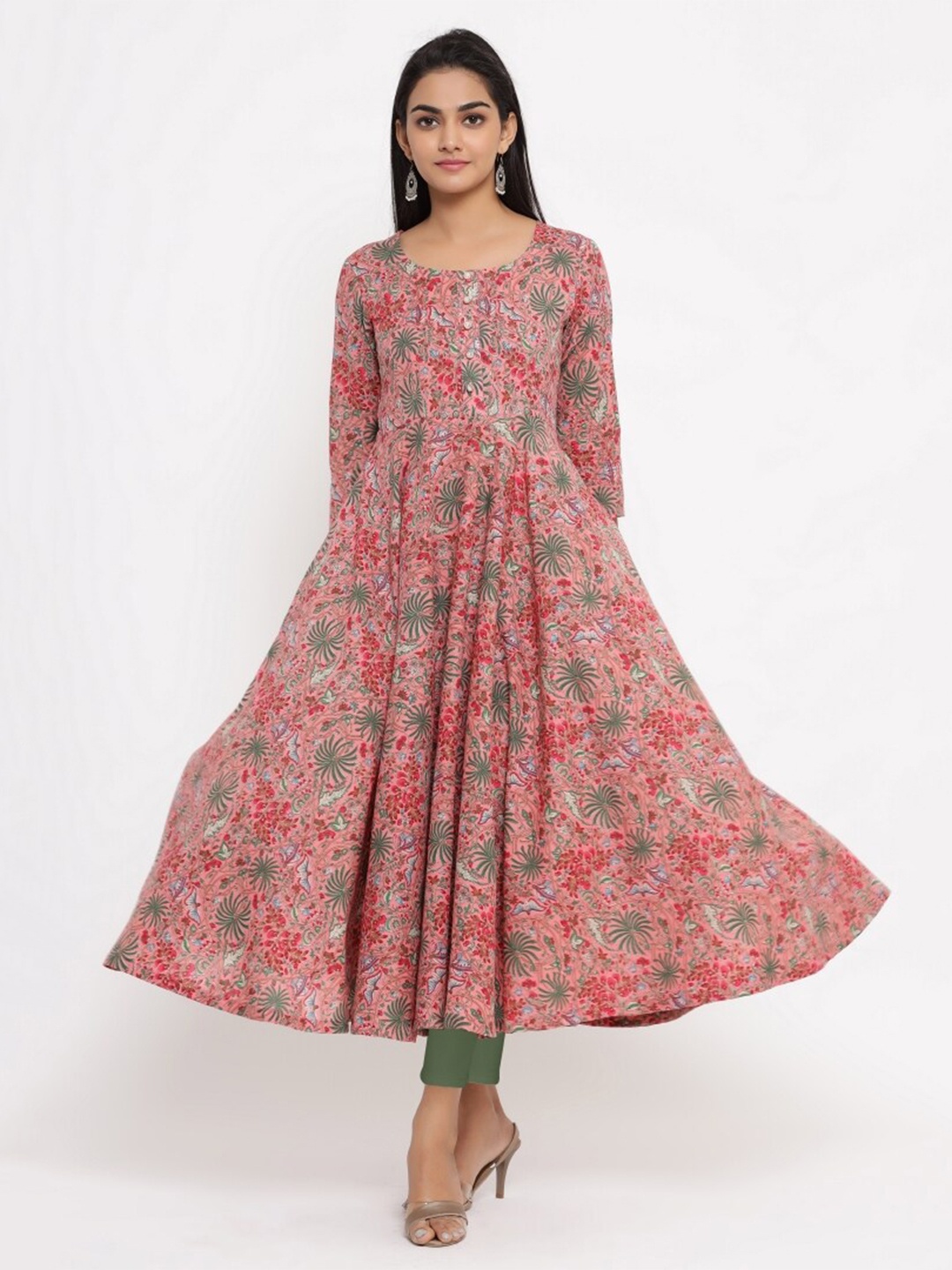 

KALINI Floral Printed Round Neck Anarkali Pure Cotton Kurta, Pink