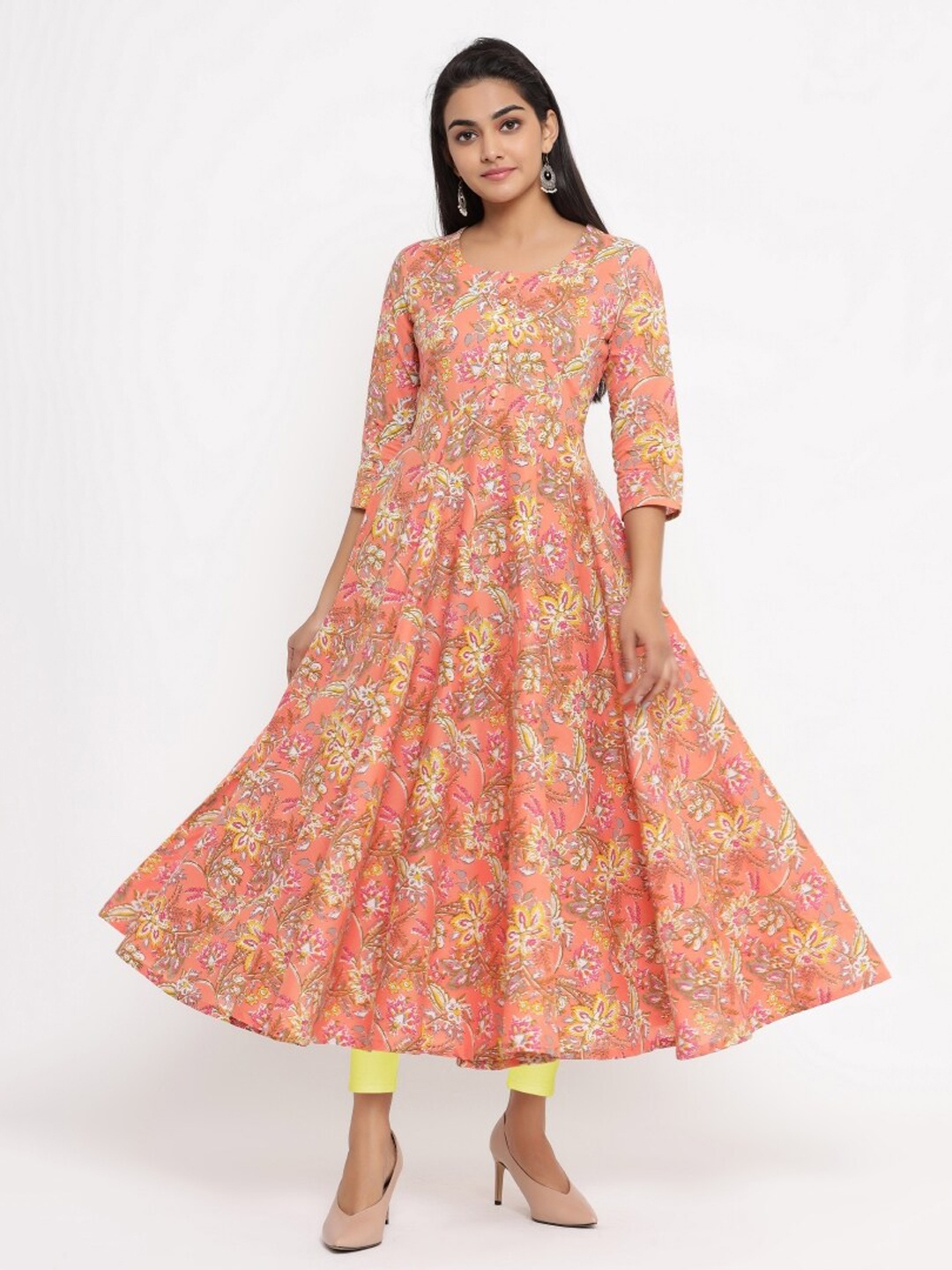 

KALINI Floral Printed Round Neck Flared Hem Empire Cotton Anarkali Kurta, Peach