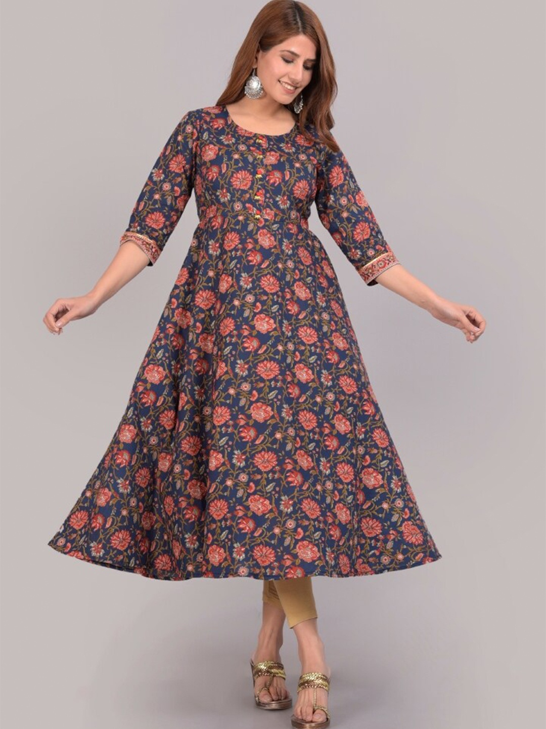 

KALINI Floral Printed Cotton Anarkali Kurta, Navy blue