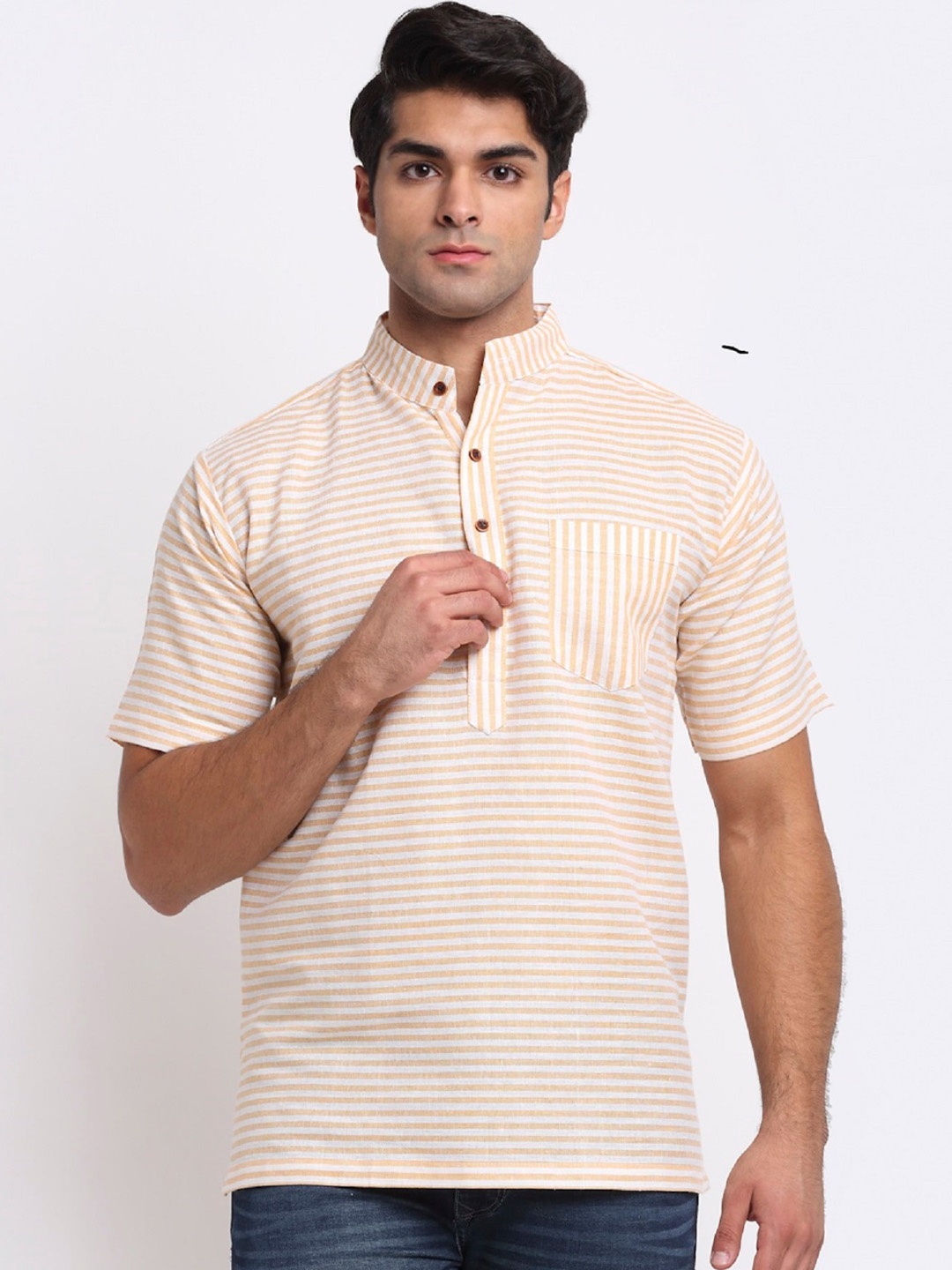 

Enchanted Drapes Striped Woven Design Mandarin Collar Straight Kurta, Yellow