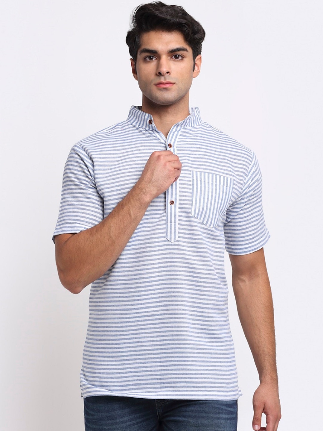 

Enchanted Drapes Striped Woven Design Mandarin Collar Straight Kurta, Blue