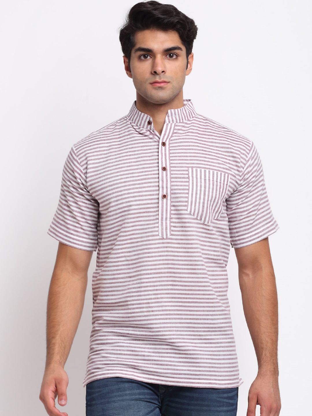 

Enchanted Drapes Striped Woven Design Mandarin Collar Straight Kurta, Violet