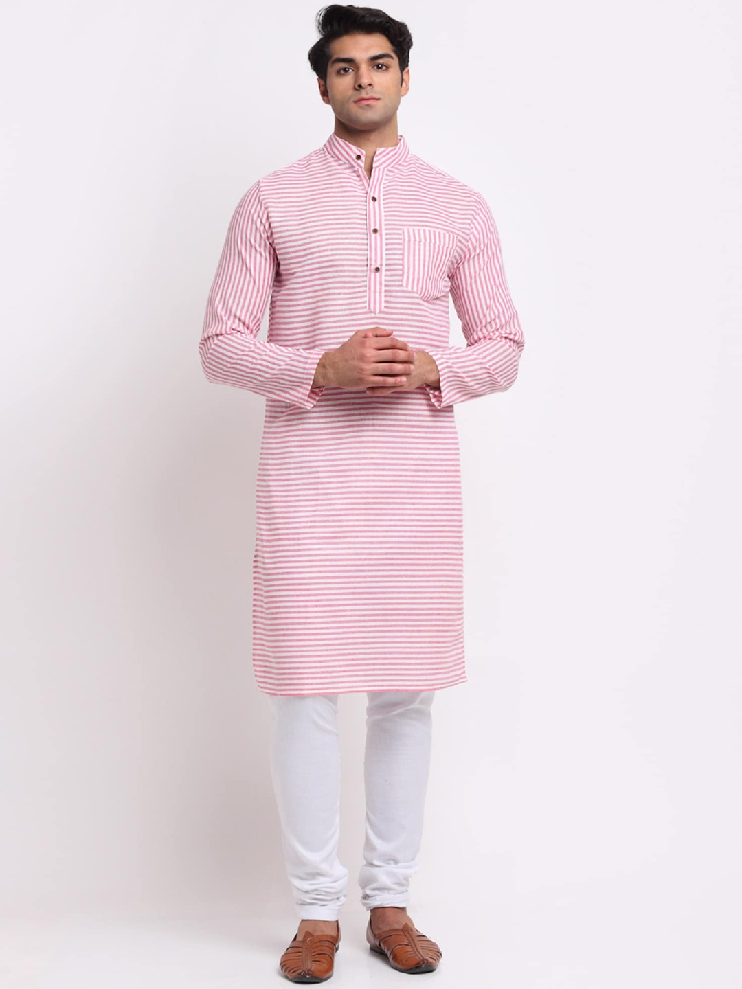 

Enchanted Drapes Striped Mandarin Collar Straight Kurta, Pink