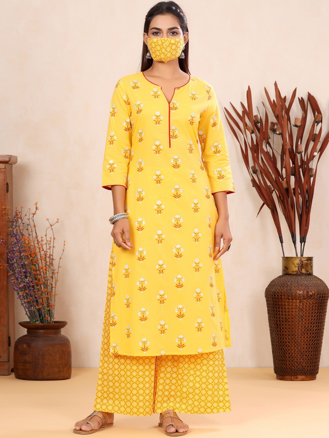 

mirari Floral Printed V Neck Straight Kurta with Palazzos, Yellow