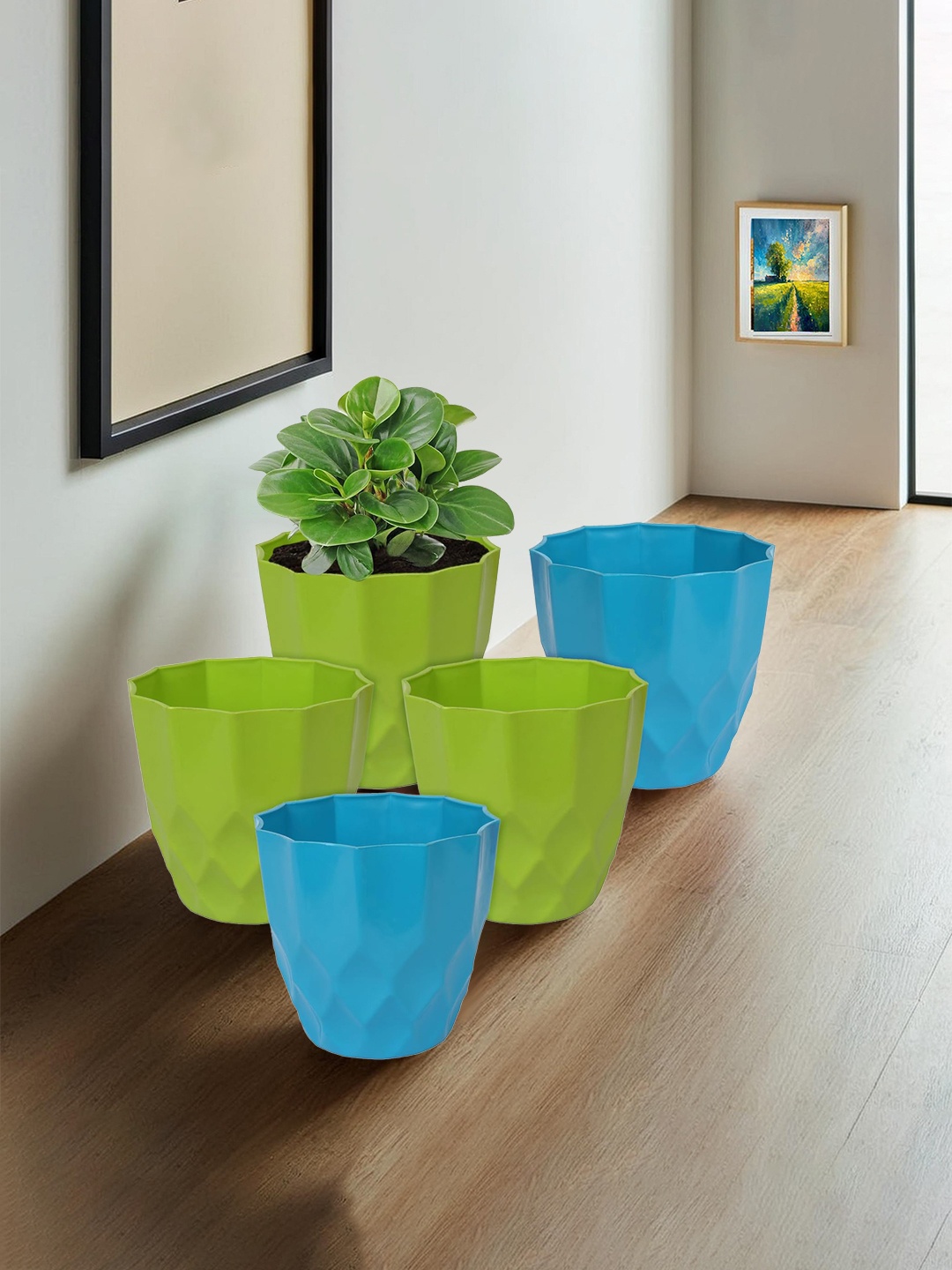 

Kuber Industries Set Of 5 Blue & Green Barfi Pattern Flower Pot