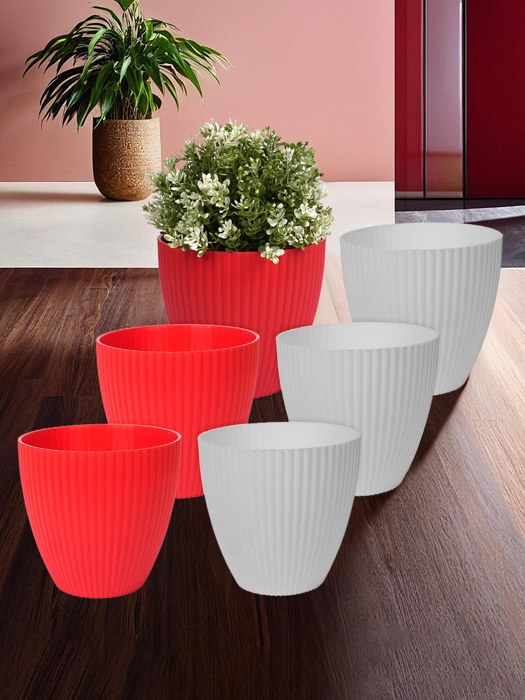 

Kuber Industries Set Of 6 White & Red Mega Flower Pot