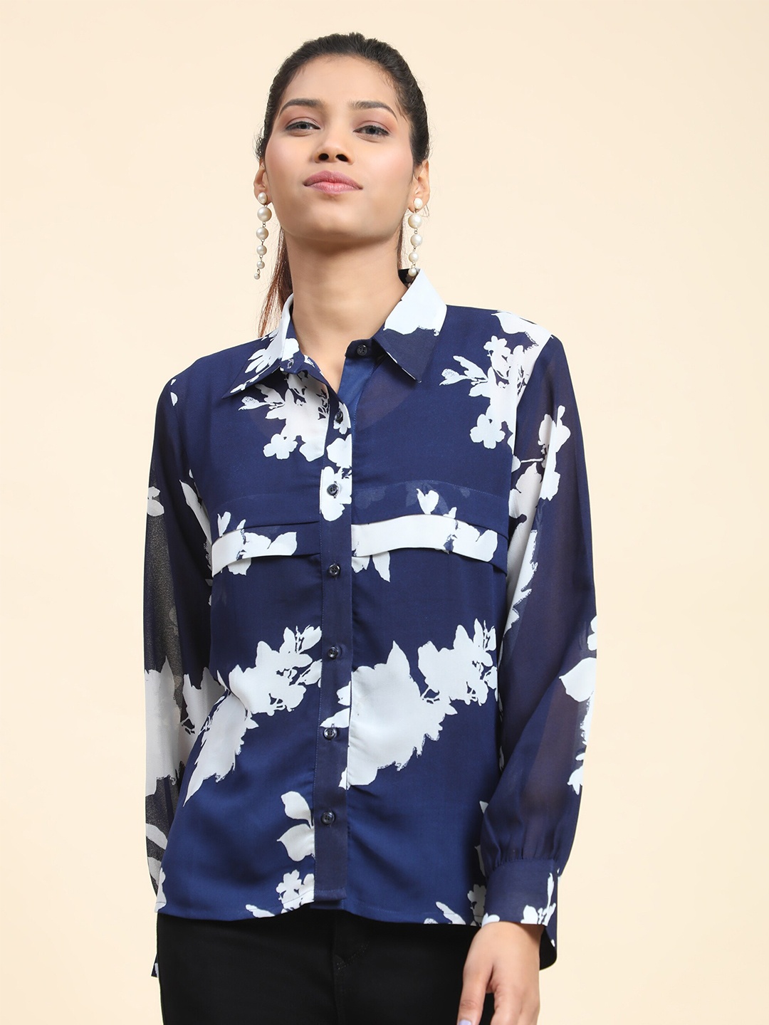 

BAESD Comfort Printed Spread Collar Georgette Casual Shirt, Blue