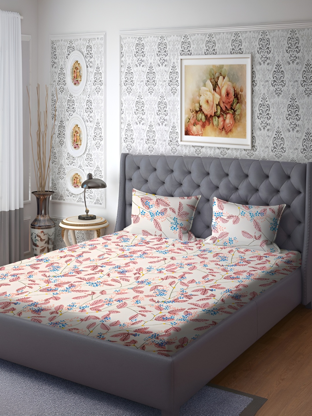 

RRC White & Pink Floral Printed 144 TC Queen Bedsheet with 2 Pillow Covers