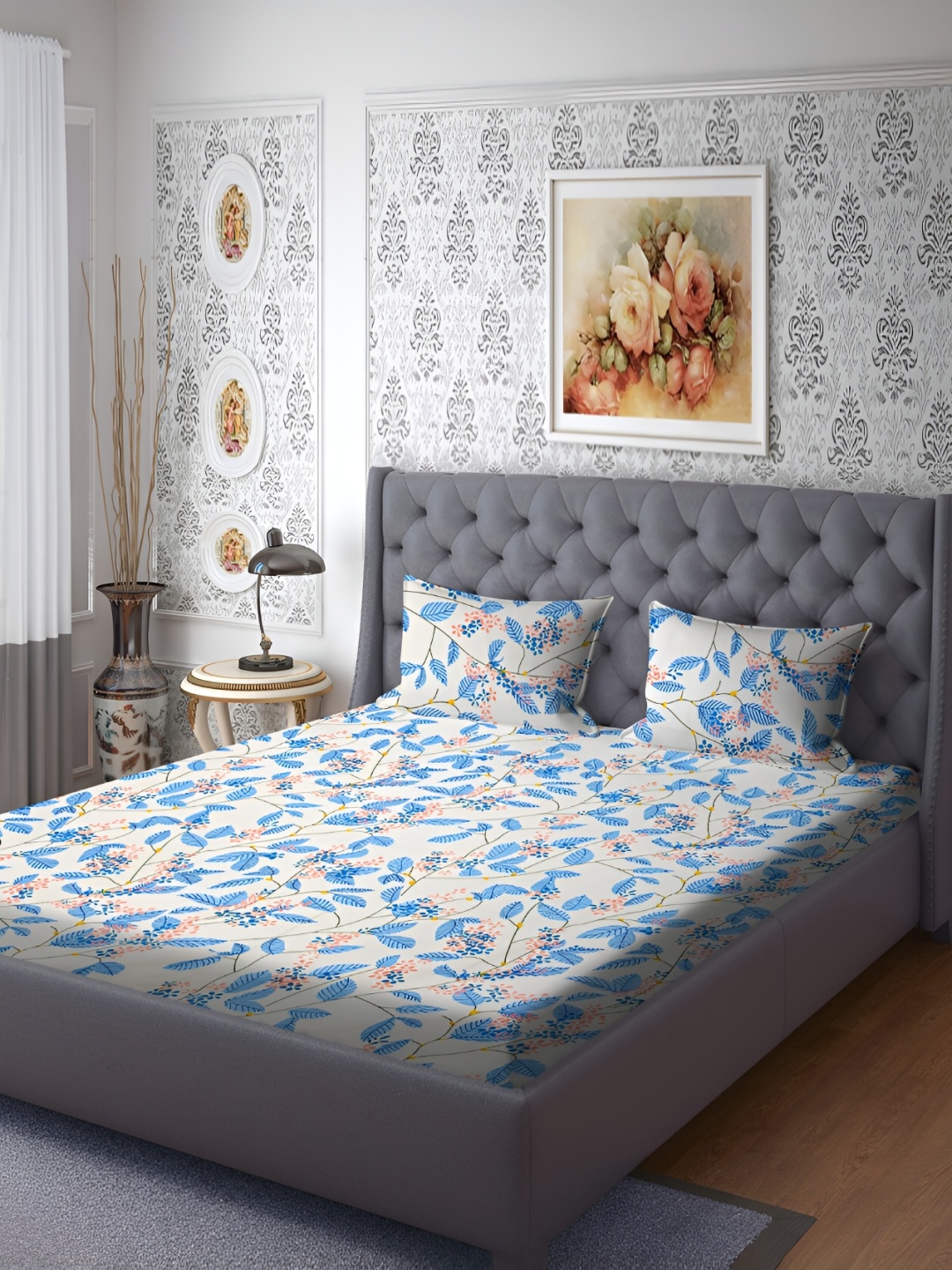 

RRC White & Blue Floral Printed 144 TC Queen Bedsheet with 2 Pillow Covers