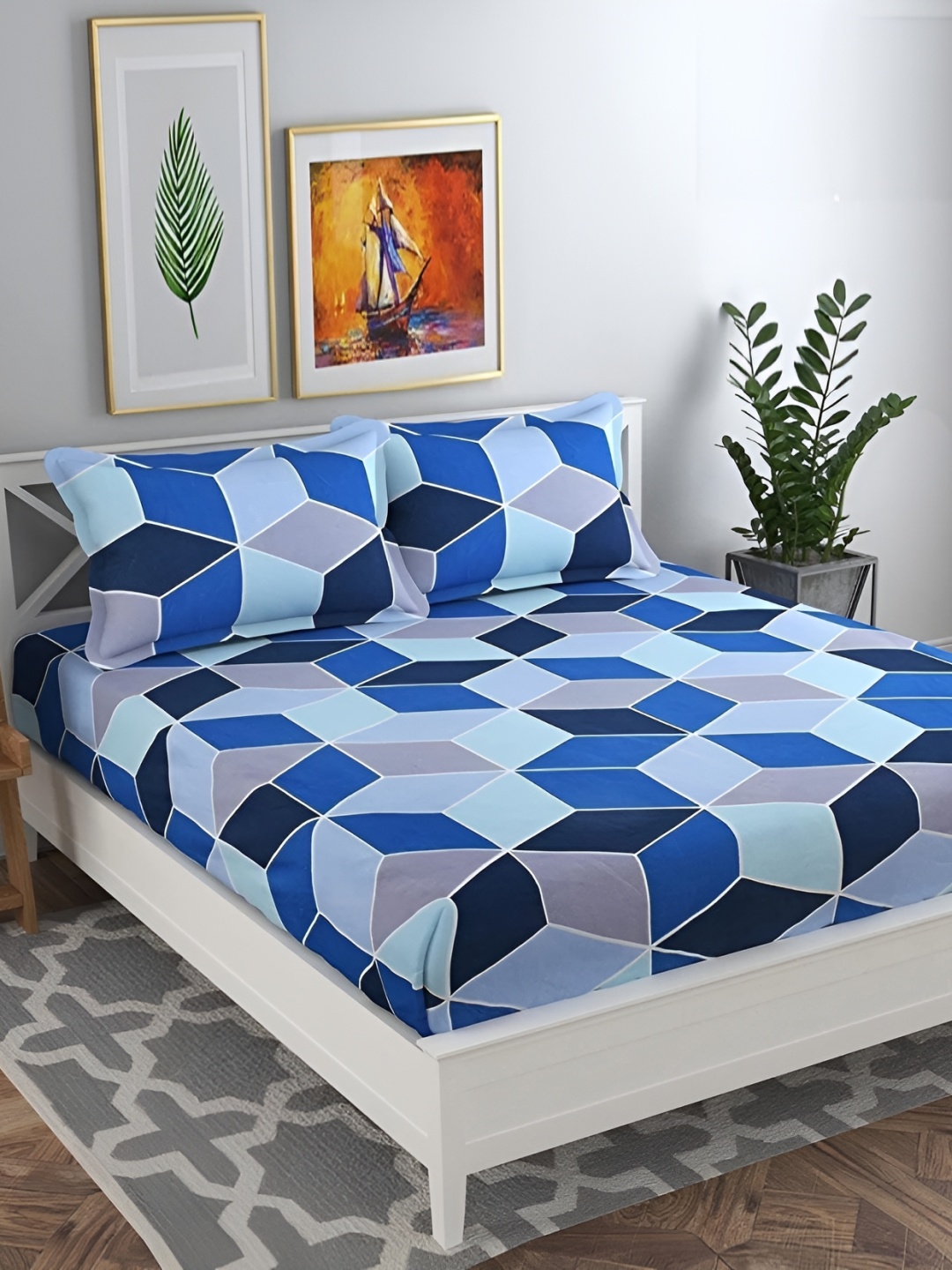 

RRC White & Blue Geometric 144 TC Queen Bedsheet with 2 Pillow Covers