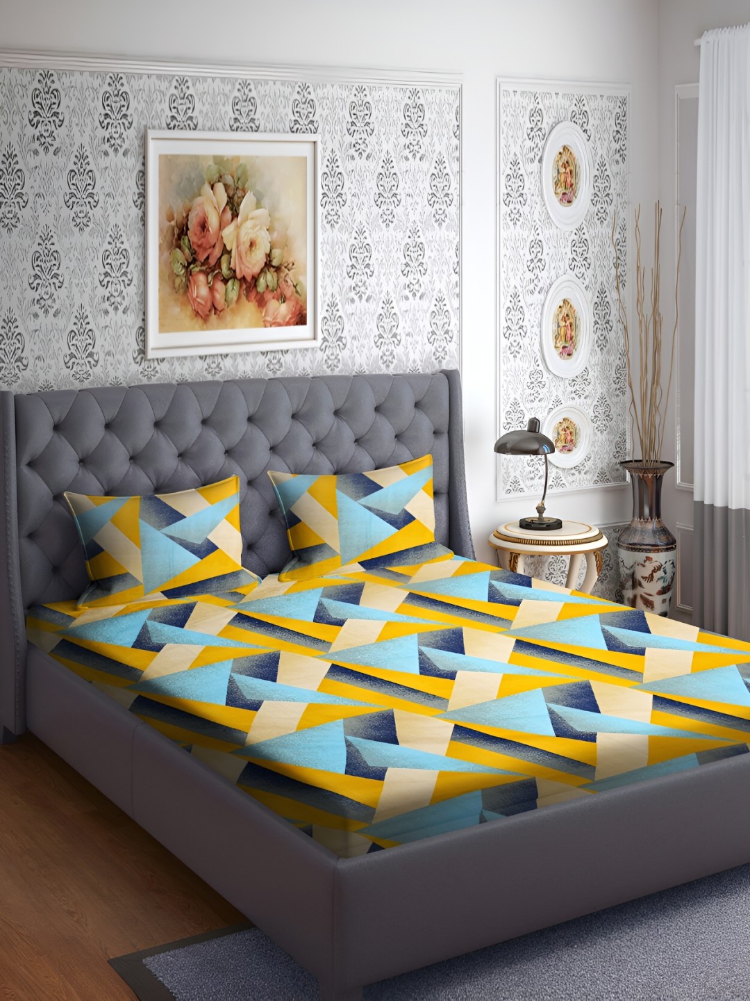 

RRC Orange & Yellow Geometric 144 TC Queen Bedsheet with 2 Pillow Covers