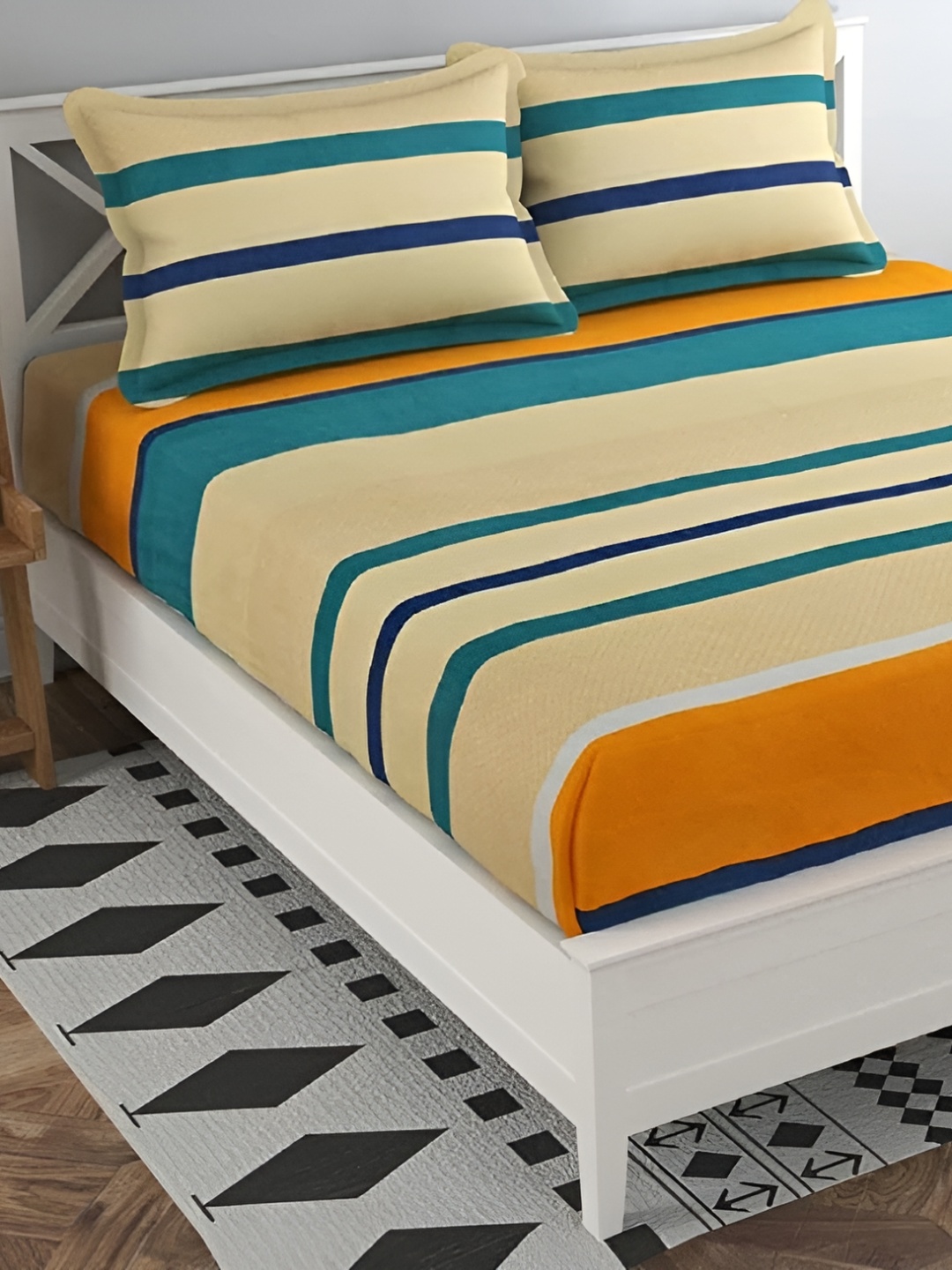 

RRC Blue & Orange Striped 144 TC Queen Bedsheet with 2 Pillow Covers